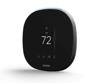 A marketing image of the 2019 ecobee SmartThermostat black model with the temperature being displayed on screen.
