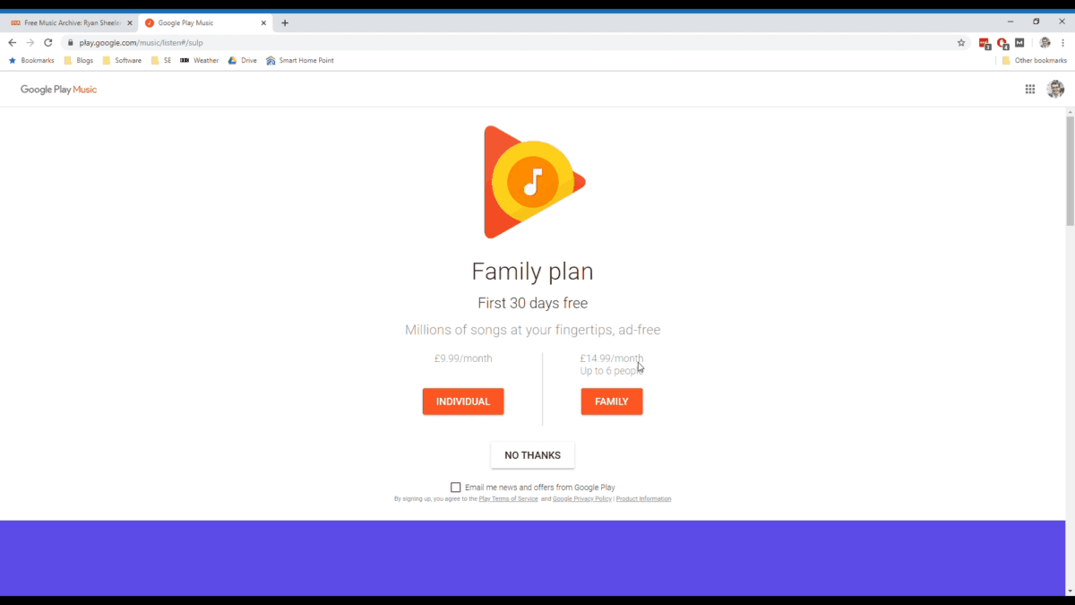 A website screenshot showing how to select a free Google Play Music account (by clicking "NO THANKS")