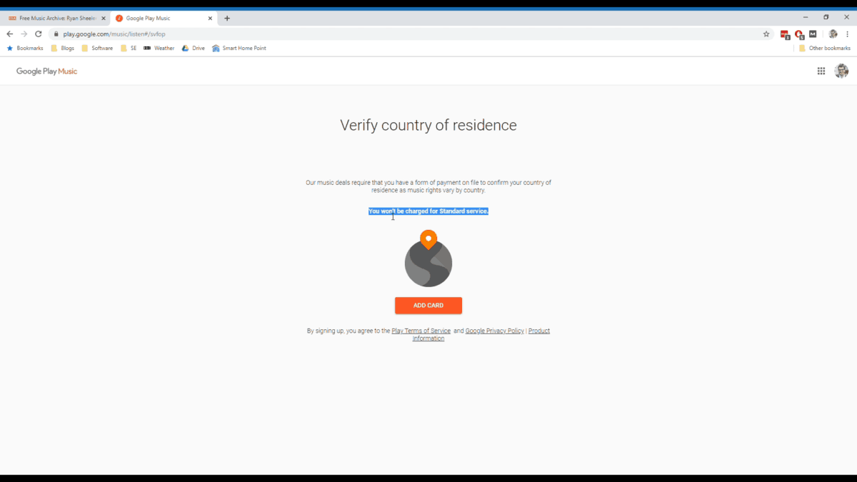 A website screenshot showing the second step of getting a free Google Music Play account: having to add payment details to verify music rights per country.