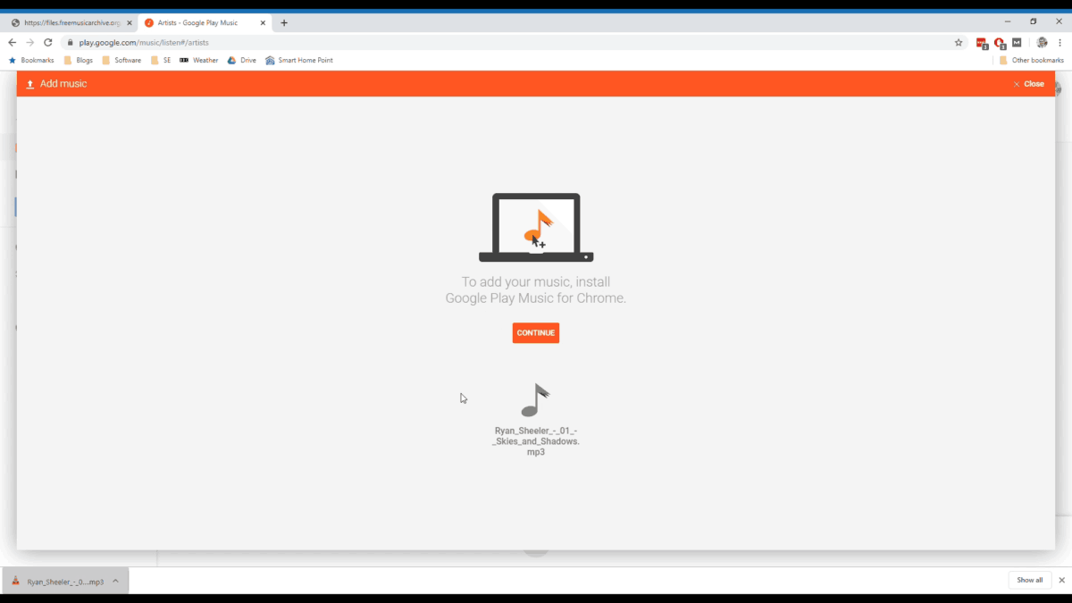 A website screenshot showing how to upload a song within the Google Play Music "Add music" screen.