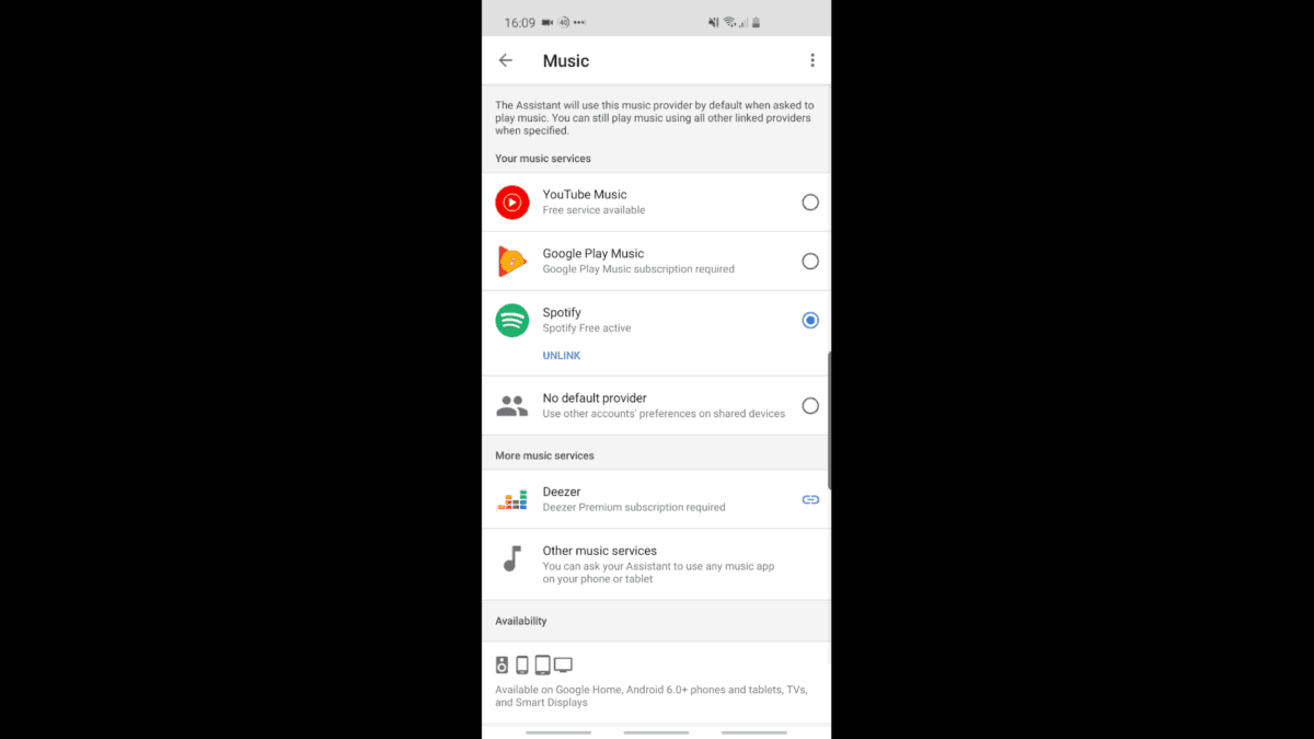 A mobile phone screengrap showing how to select Google Play Music as your Google Home's music provider