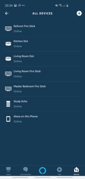 A mobile phone screenshot showing all devices controlled by the Amazon Alexa app, including Fire sticks, Echo Dots and Echos.