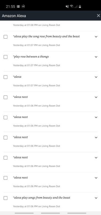 Phone screenshot showing Alexa's voice history (captured from an Echo Dot)