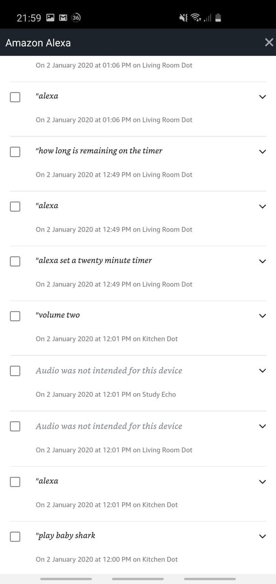 Phone screenshot showing Alexa's voice history (captured from an Echo Dot) - including some audio that Alexa 'heard' but later decided wasn't intended for it.