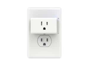 A marketing image of the TP Link's HS105 Kasa Wi-Fi Smart Plug, which leaves the second outlet free for use.