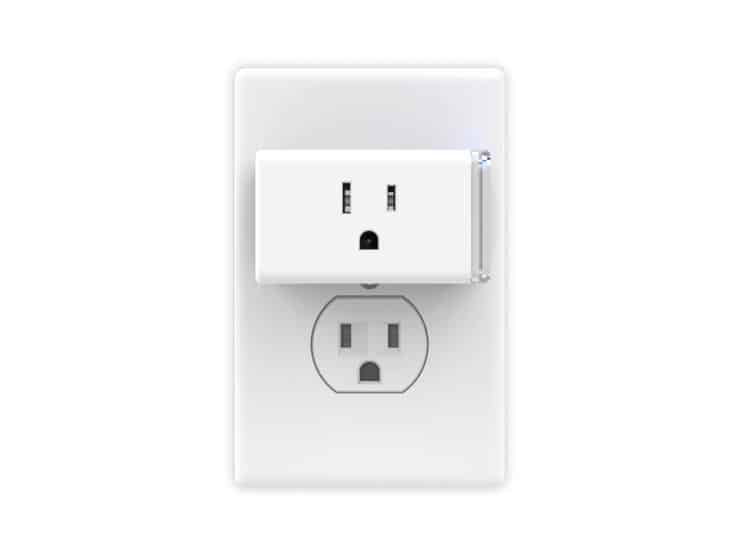 A marketing image of the TP Link's HS105 Kasa Wi-Fi Smart Plug, which leaves the second outlet free for use.