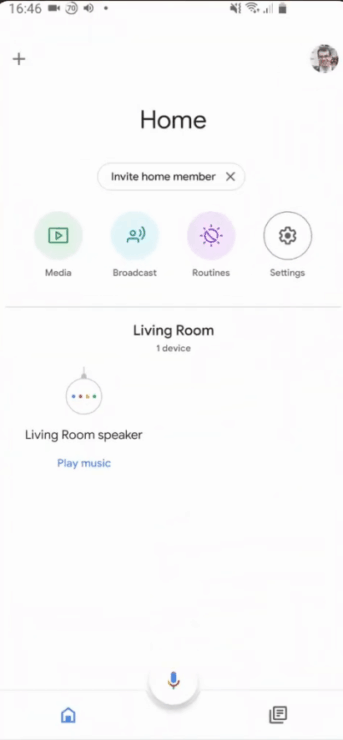Screenshot of a phone screen, showing the Google Home app and a single Google Mini device.