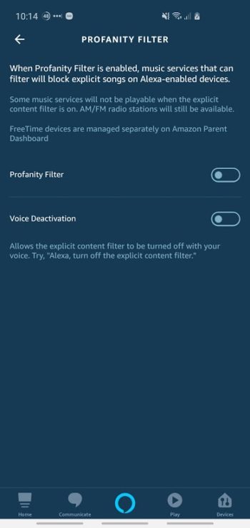 A screenshot from a Samsung S10 showing the 'Explicit filter' (also called 'Profanity filter') within the Amazon Alexa mobile app.