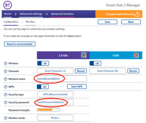 A screenshot of the BT Smart Hub 2 (internet router) wireless configuration page, showing which details to change.