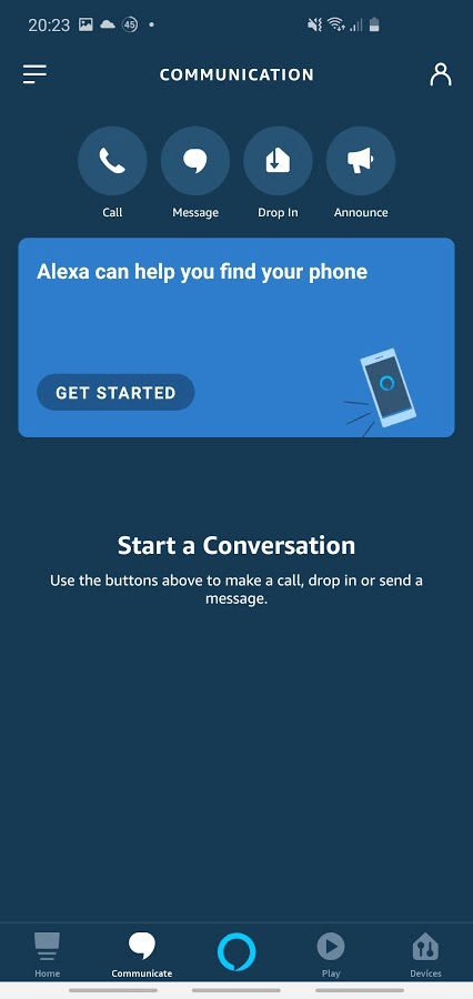 Screenshot of Alexa app, on the Communicate tab, showing Call, Message, Drop In and Announce features.