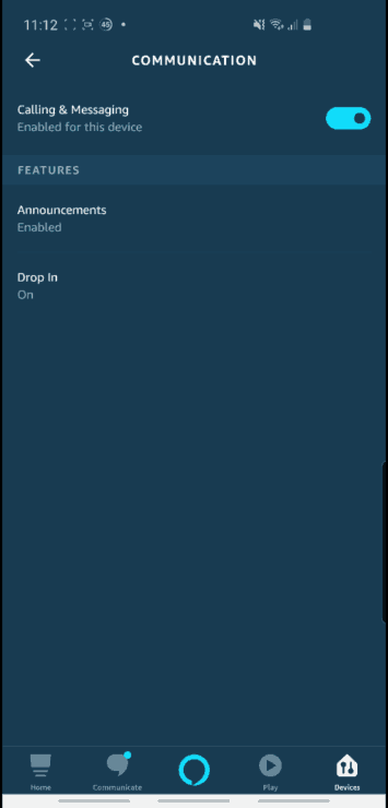 Screenshot from the Alexa app showing the three communication settings (including calling and drop-in) for an Echo.