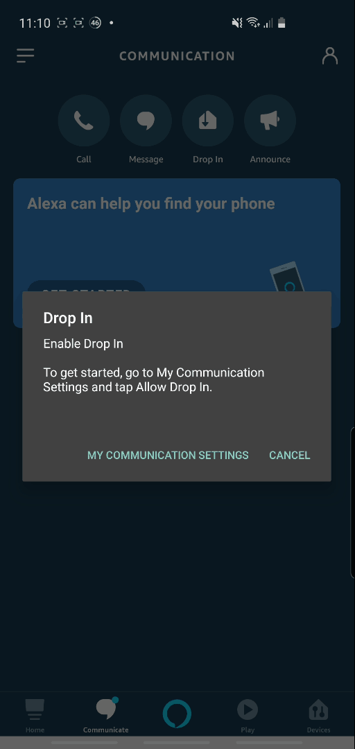 Screenshot from the Alexa app showing a message when 'Drop In' isn't currently enabled.