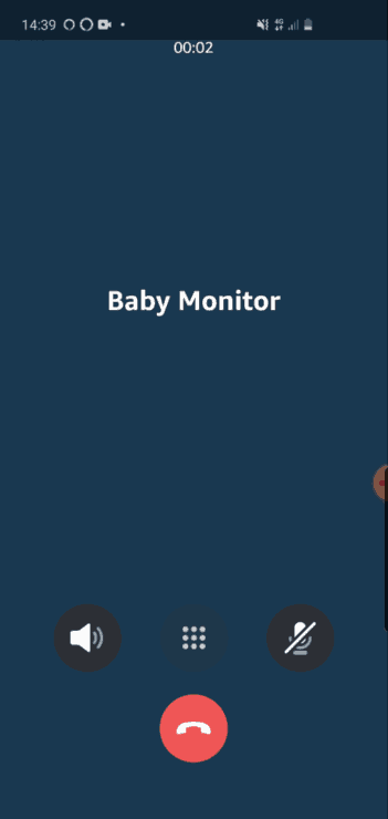 Screenshot from the Alexa app, showing a voice call to an Echo device (named 'Baby Monitor'), initiated via the drop-in feature.