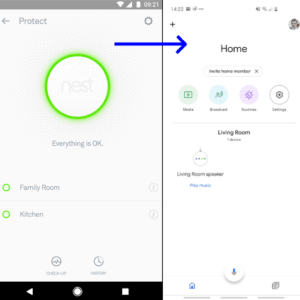 The Nest app on the left, and the Google Home app on the right.