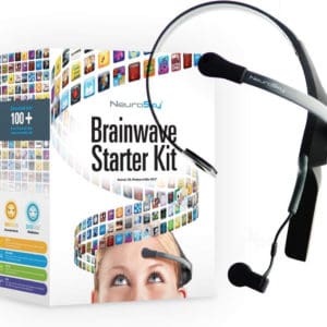 Marketing image of NeuroSky's Brainwave Starter Kit, including the headset and details about the mobile and computer control apps.