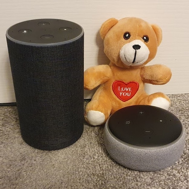 Two Echo devices (a full size Echo and an Echo Dot), along with a 'Love You' baby bear.