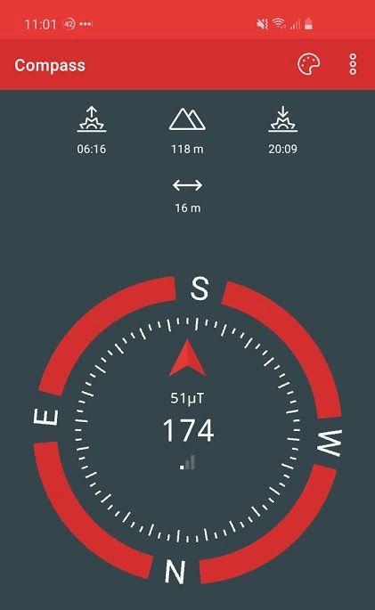 A screenshot of a compass app, showing an almost completely south reading.