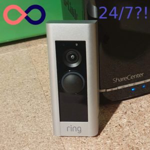 A Ring Doorbell Pro on the foreground, and a NAS ShareCenter in the background. Also with the infinity symbol and the text "24/7?!".