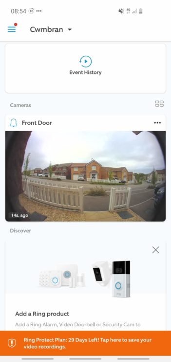 A screenshot from the Ring app, showing my Doorbell device's front camera view.