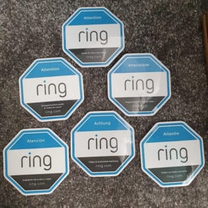 Ring 'audio & video recording' warning stickers in different languages - English, French, German, Spanish and others.