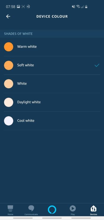Screenshot from the Alexa app, showing the five color options for a White Ambiance Hue bulb.