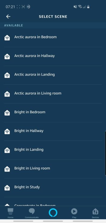 Screenshot from the Alexa app, showing the various Hue scenes which are available.