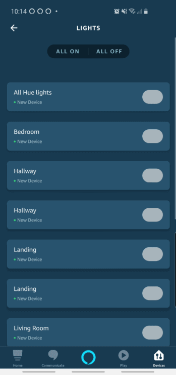 Screenshot from the Alexa app, show that all bulbs/rooms come up with the same (duplicate) name - e.g. "Landing" is listed twice.