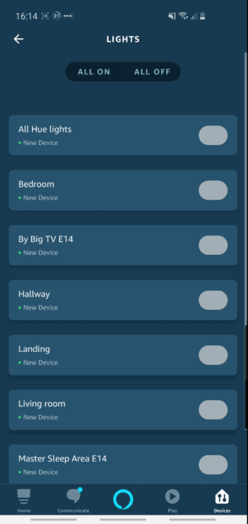 Screenshot from the Alexa app, showing that the Hue bulbs and rooms no longer appear as duplicates within Alexa.