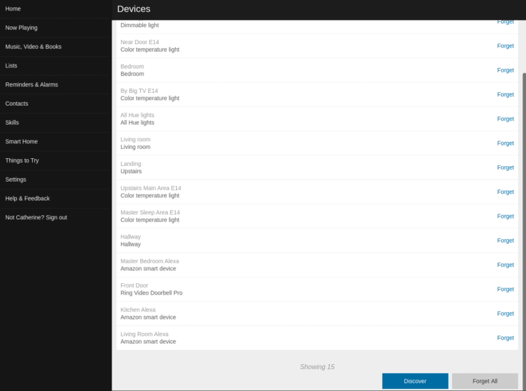 Screenshot from the Alexa web app on a computer, showing the 'Forget All' option under Smart Home -> Devices.