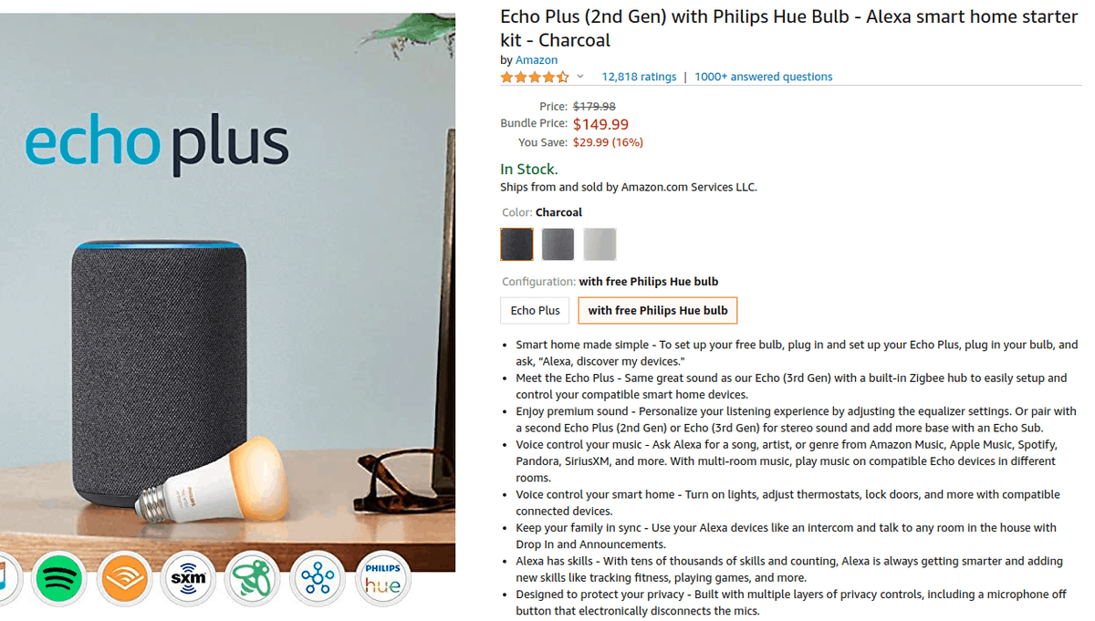 Amazon.com advert for the Echo Plus 2nd generation model, with a free Philips Hue bulb