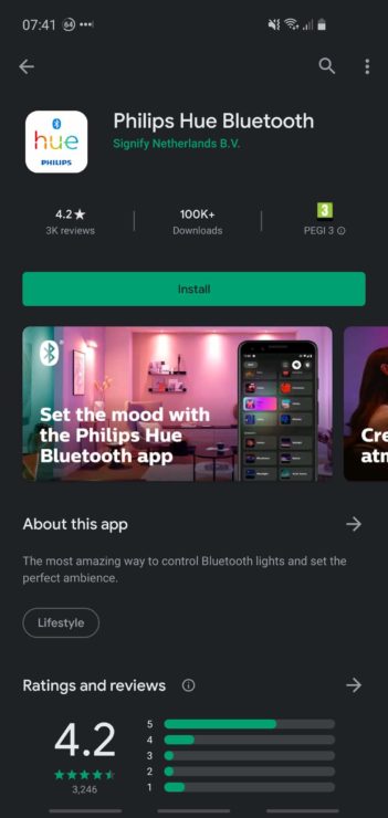 A phone screenshot showing the Philips Hue Bluetooth mobile app.