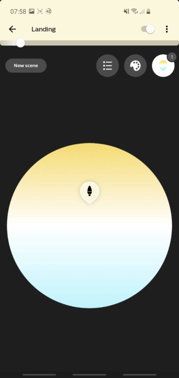 Screenshot from the Hue app, showing the color wheel picker for a White Ambiance Hue bulb.