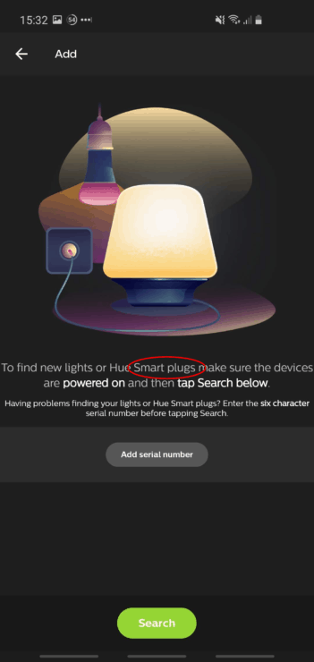 Screenshot from the Hue app's "Add light" screen, showing that smart plugs are supported.