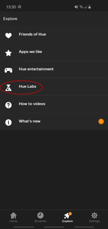 Hue app phone screenshot, showing the 'Hue Labs' option on the 'Explore' tab.
