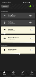 Screenshot from the Hue app, showing my four room names: "Living Room", "Landing", "Hallway" and "Master Bedroom".