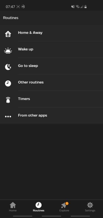Screenshot from the Hue app, showing the available Routines choices to control your smart Hue bulbs.