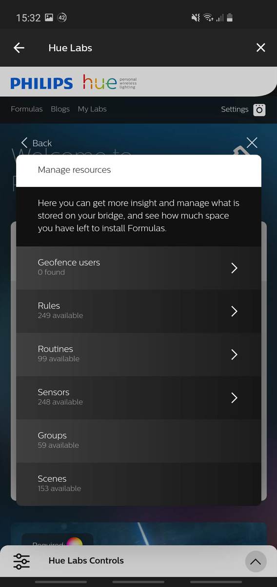 Hue app screenshot of the 'Manage resources' screen for a Hue Bridge.