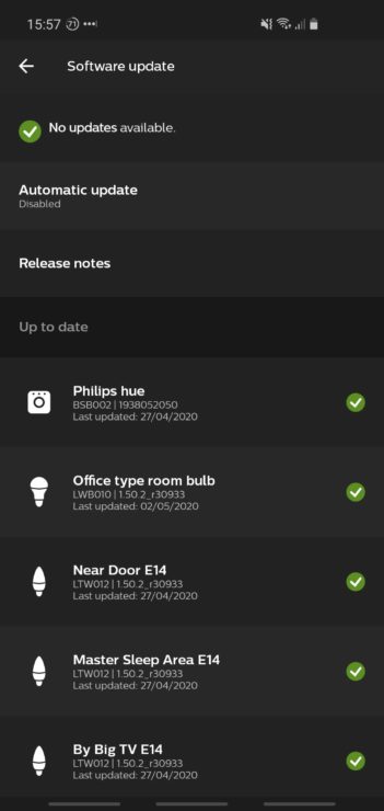 Screenshot of Philips Hue app, showing the software updates (and existing versions) for a Hue Bridge and also four smart bulbs.