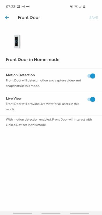 Ring app screenshot showing the configuration options for a Ring Doorbell Pro in Home mode.