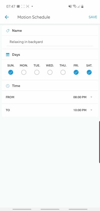 Screenshot from the Ring app showing how a Motion Schedule can be created.