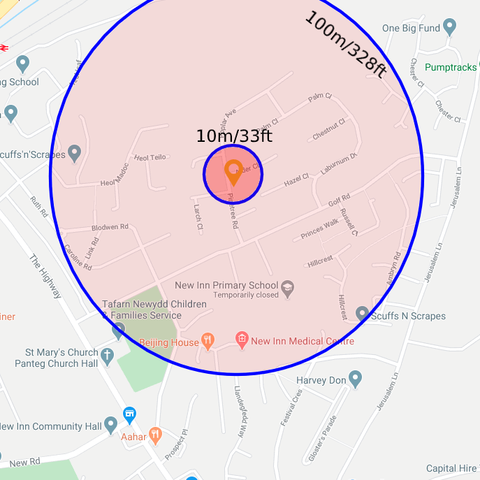 A Google Maps diagram with an orange pin showing home (not my actual home!), then two geofences at 10m and 100m points to show the virtual boundaries the lock app works off.