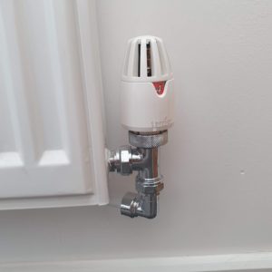 A standard (non smart) terrier thermostatic radiator valve fitted to a radiator in my house.
