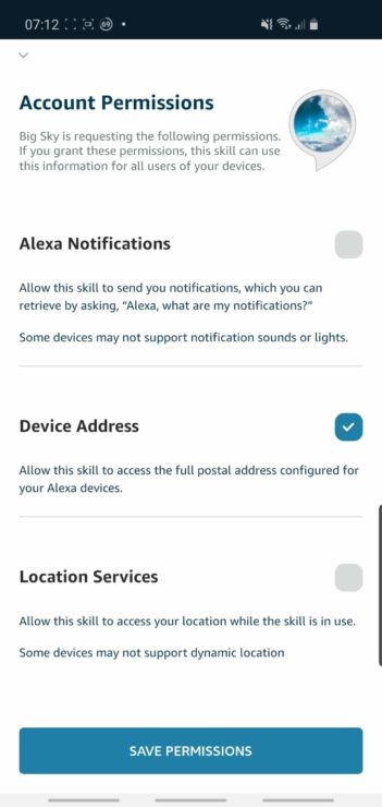 Phone screenshot from the Alexa app, showing the permissions that the Big Sky skill requests.