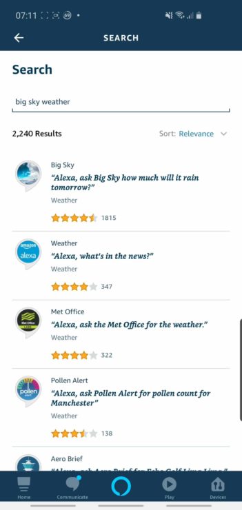 Phone screenshot from Alexa app, showing the weather related Skill search results.