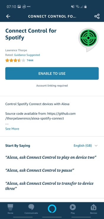 Phone screenshot showing the Alexa app's "Connect Control" skill page.