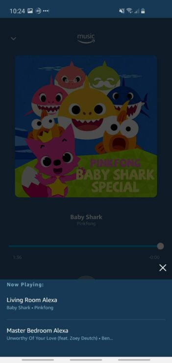 Phone screenshot showing 'Now Playing' within the Alexa app.