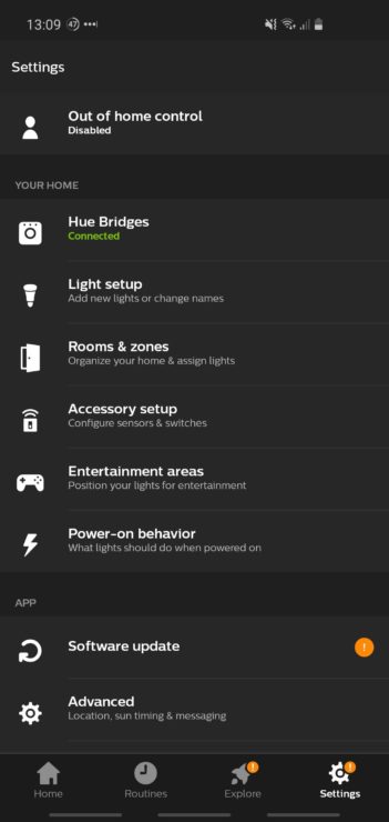 A phone screenshot from the Hue app, showing that 'Out of home control' is currently disabled.