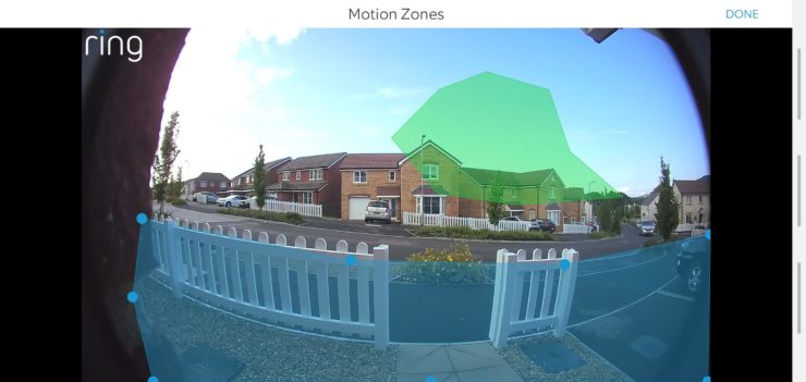 The Advanced Motion Detection feature from my Ring Doorbell Pro, showing how multiple zones can be used to detect very specific motion events.