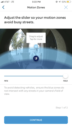 Ring app screenshot showing motion detection adjustments in a battery powered device.
