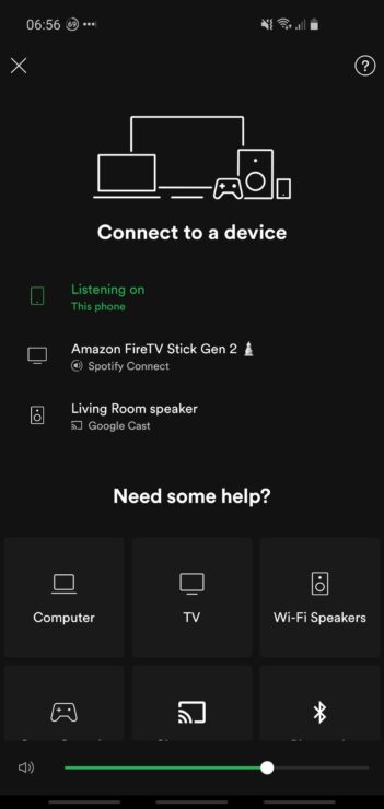 Phone screenshot showing the Spotify app, where available devices (to play a song on) are listed.